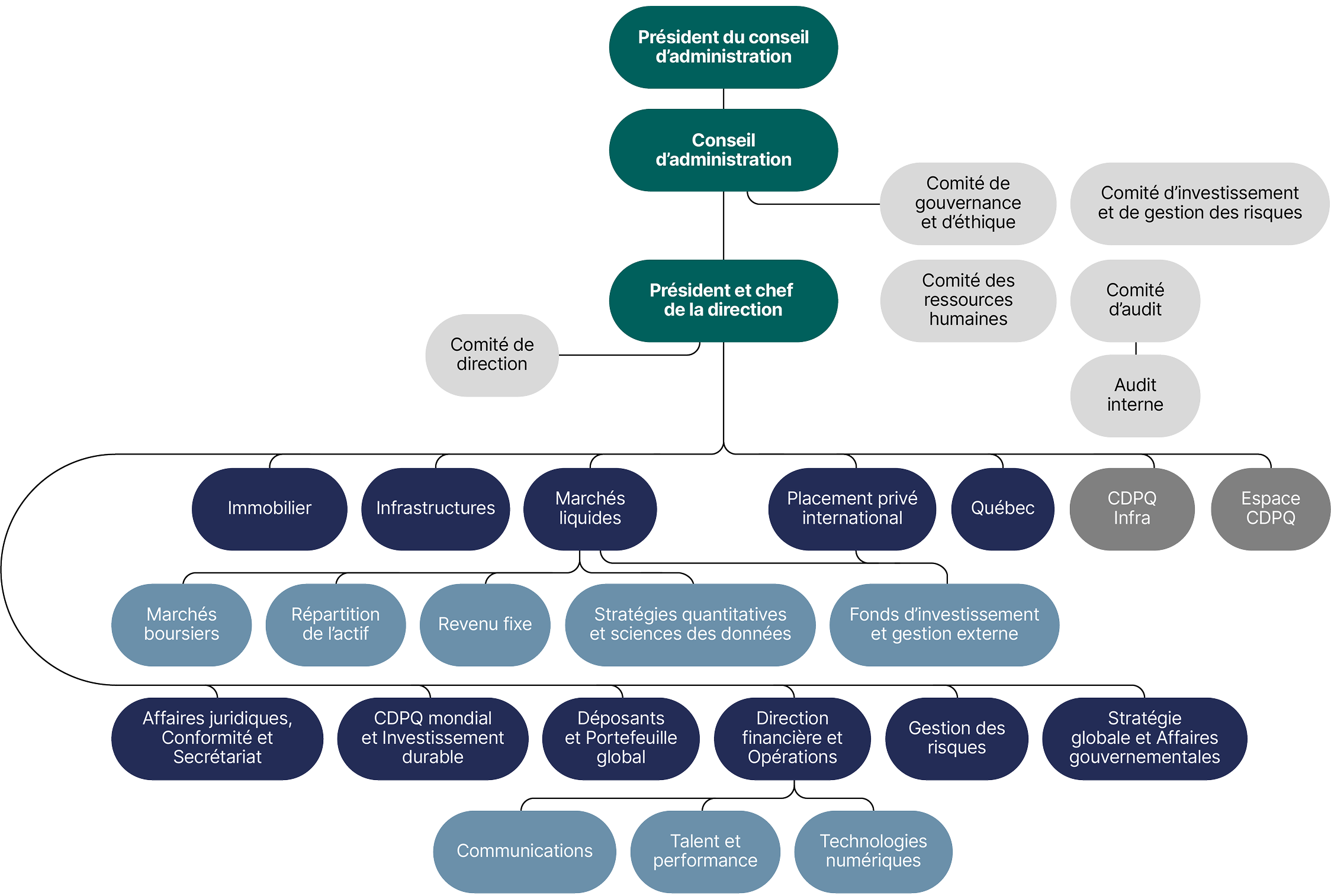 Cet organigramme détaille les différents niveaux de la structure organisationnelle de la CDPQ au 31 décembre 2024, soit&nbsp;:
•le président du conseil d’administration;
•le conseil d’administration et les différents comités qui s’y rapportent;
•le président et chef de la direction, et le comité de direction;
•les différentes unités, en investissement et dans les services d’entreprise;
•et la filiale spécialisée.

À noter que la CDPQ a intégré les activités de ses filiales Ivanhoé Cambridge et Otéra Capital en avril 2024.